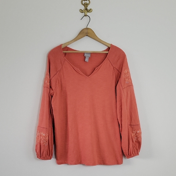 Chico's Burnt Orange Slub Knit Embroidered Balloon Sleeve Top Size Large - Picture 1 of 7